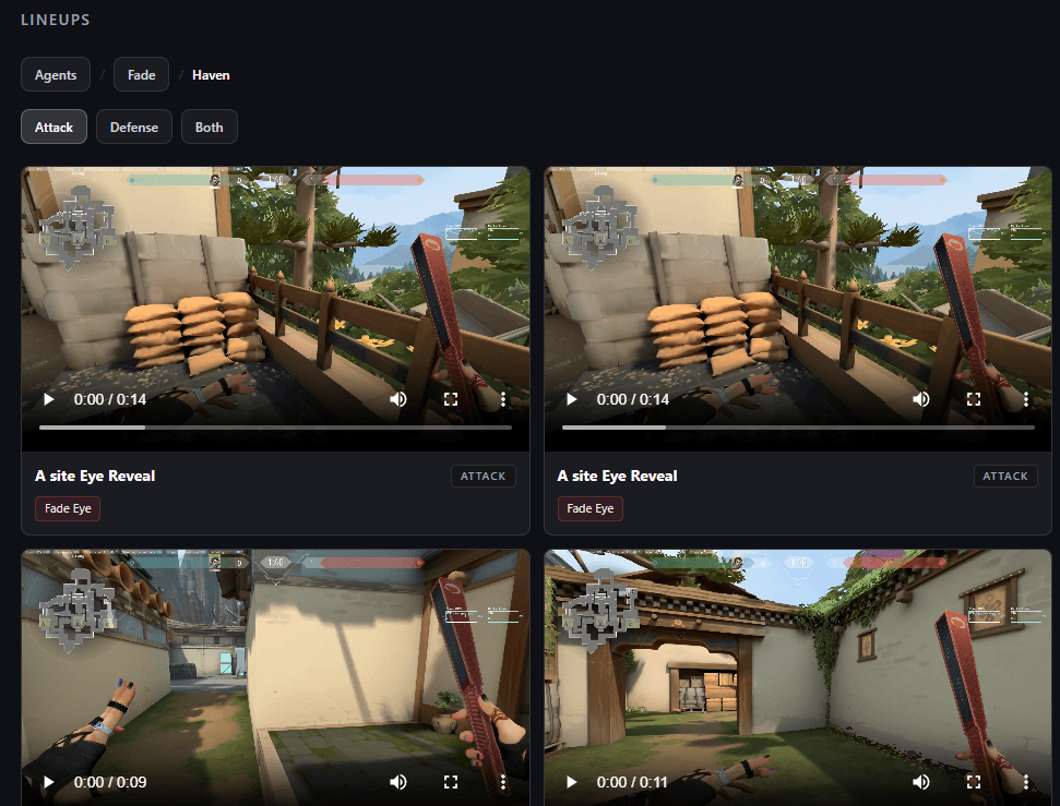Lineup library showing filterable video tutorials by agent, map, and attack or defense side